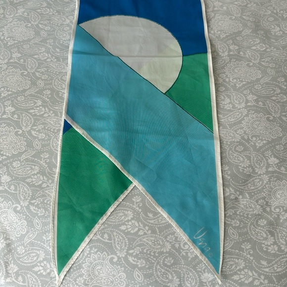 Vintage Vara Head Scarf Japan Setting Rising Sun Geometric Green blue white - Picture 5 of 10